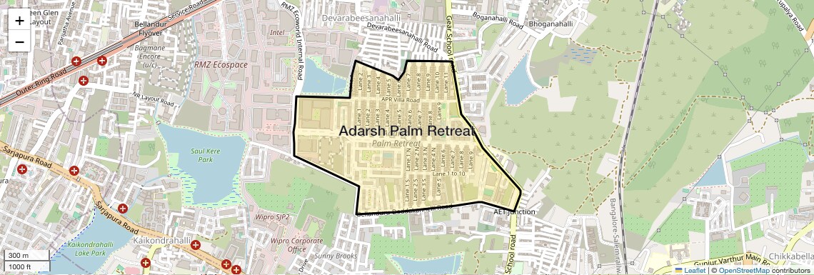 Location Map of Adarsh Palm Retreat, Bangalore