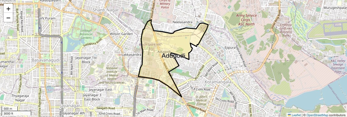 Location Map of Adugodi, Bangalore