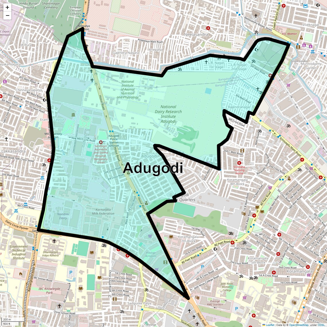 Location Map of Adugodi, Bangalore