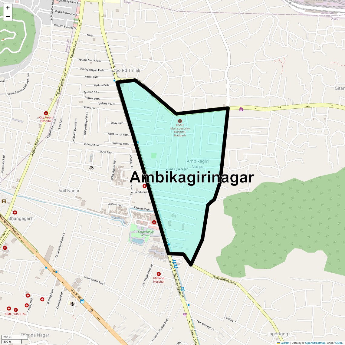 Location Map of Ambikagirinagar, Guwahati