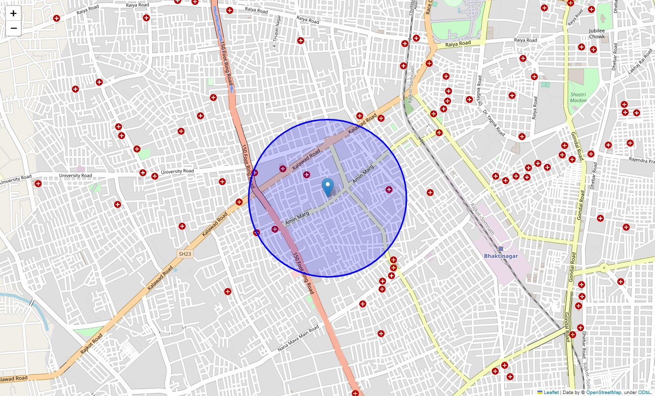 Location Map of Amin Marg, Rajkot