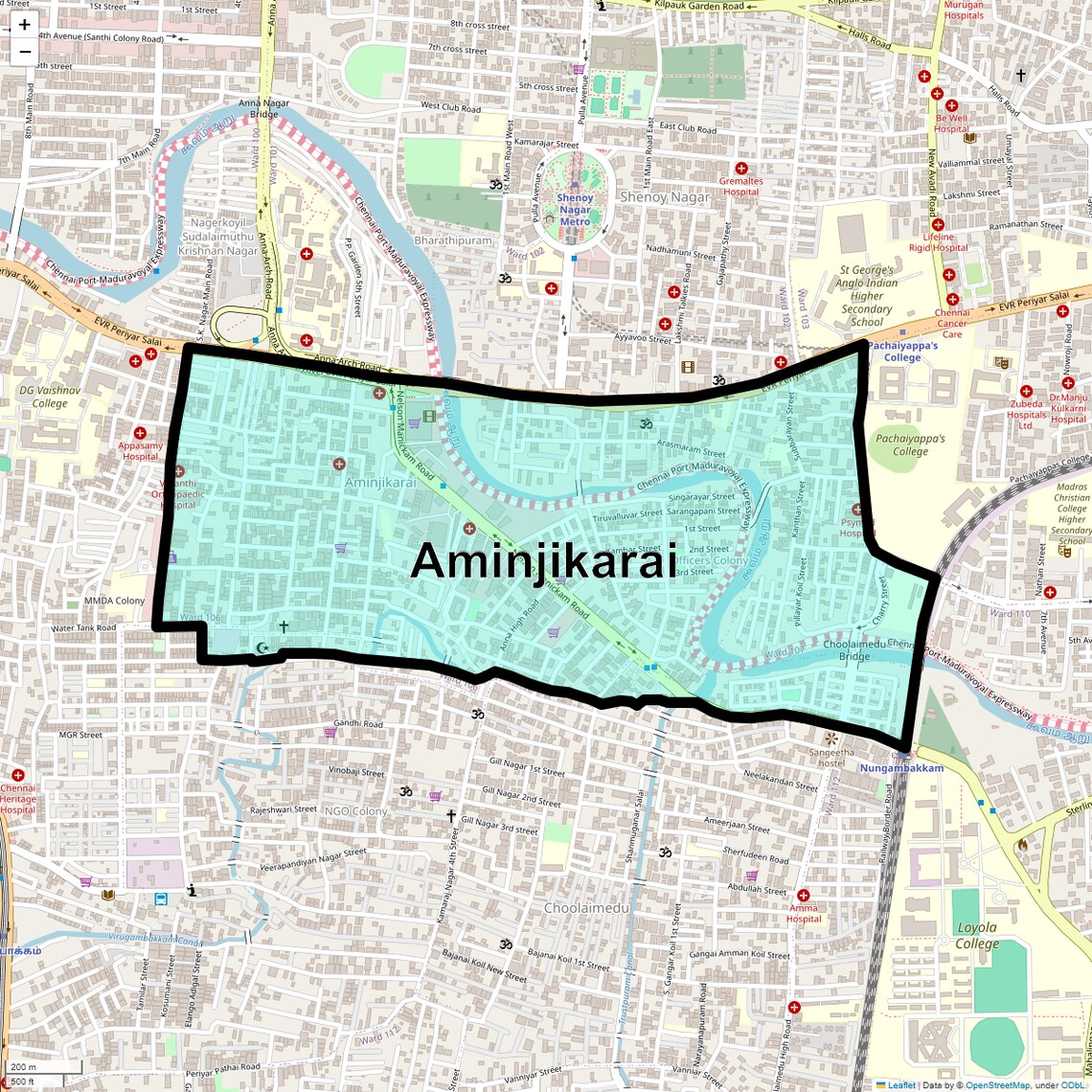 Location Map of Aminjikarai, Chennai