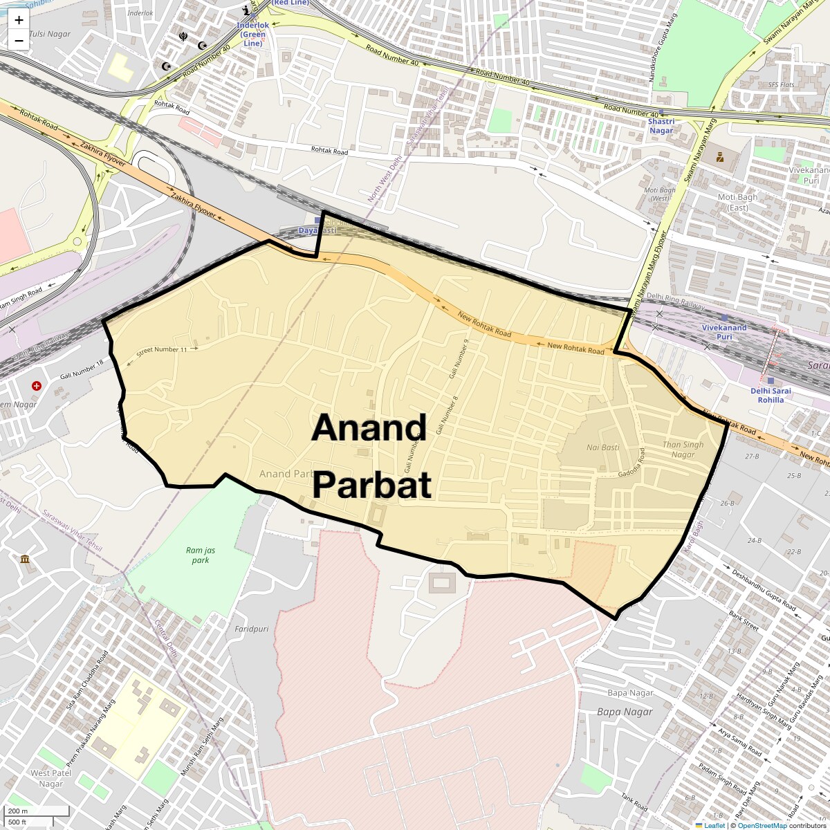 Location Map of Anand Parbat, Delhi
