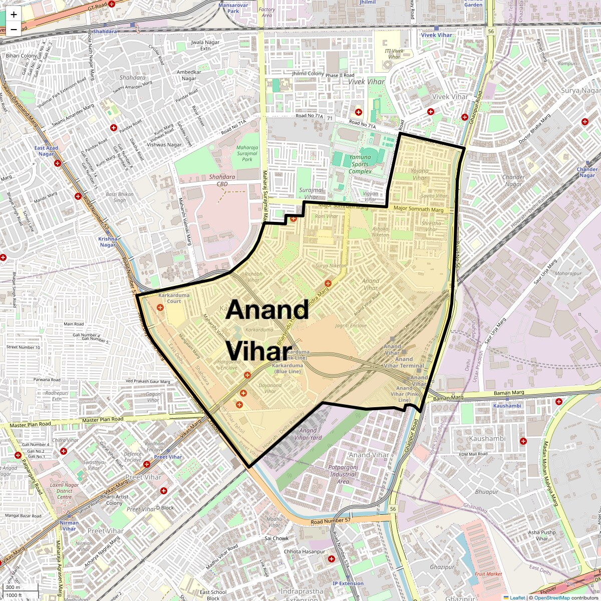 Location Map of Anand Vihar, Delhi