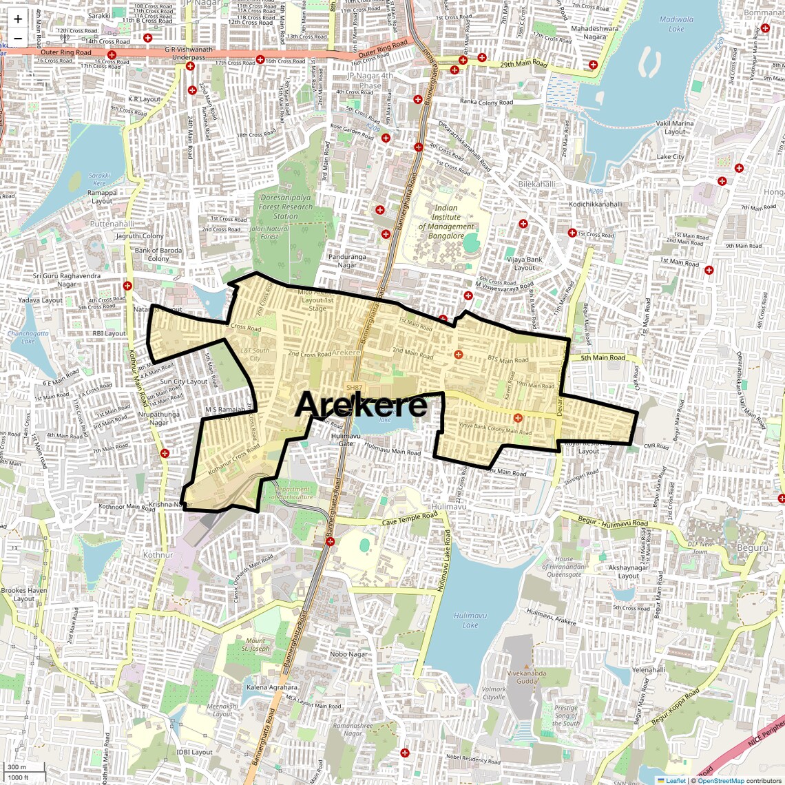 Location Map of Arekere, Bangalore