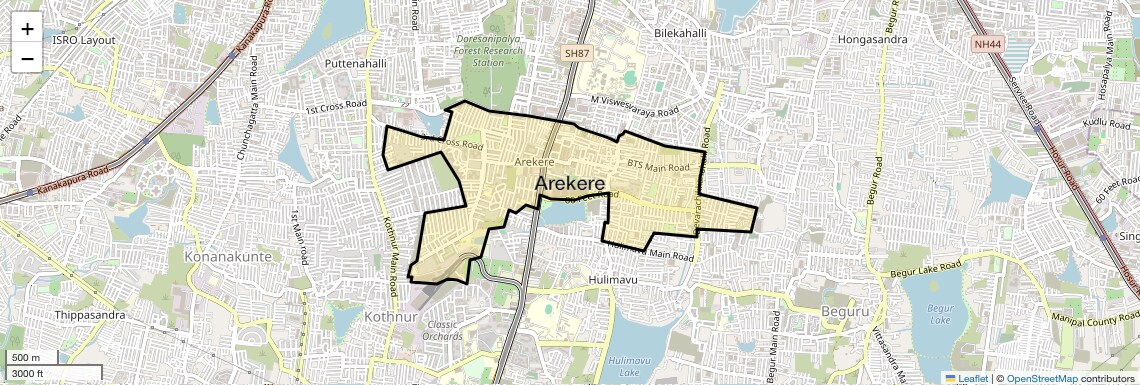 Location Map of Arekere, Bangalore