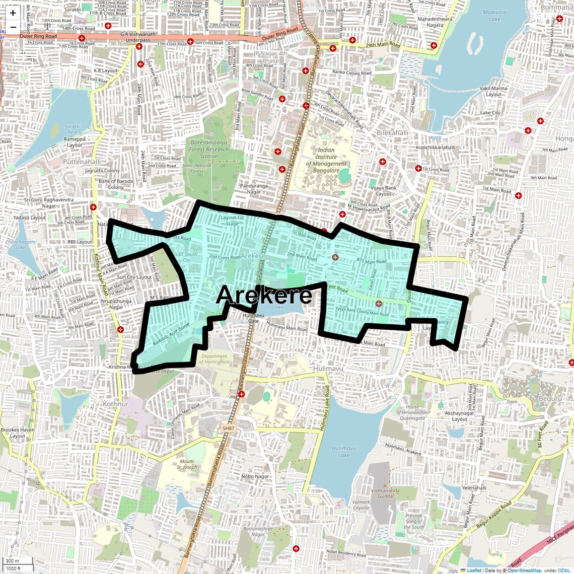 Location Map of Arekere, Bangalore