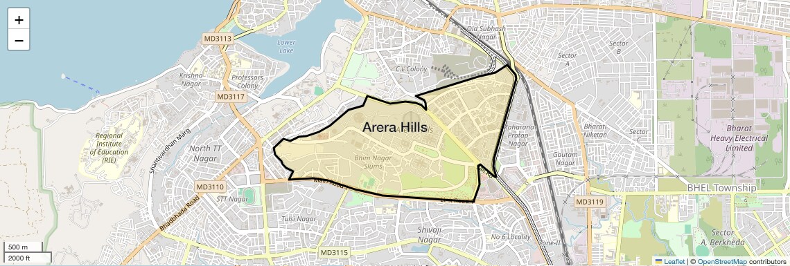 Location Map of Arera Hills, Bhopal