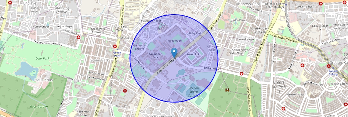 Location Map of August Kranti Marg, Delhi