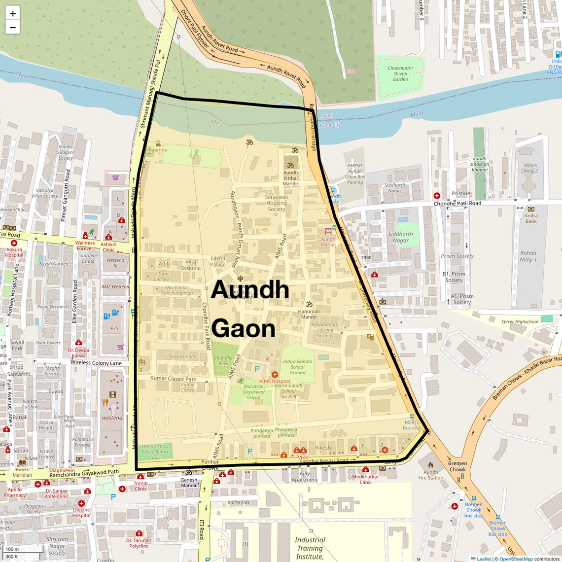 Location Map of Aundh Gaon, Pune