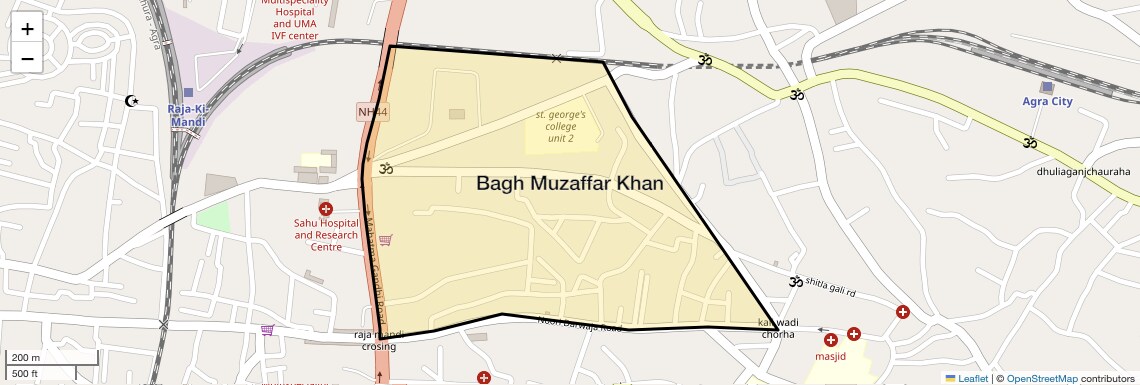 Location Map of Bagh Muzaffar Khan, Agra