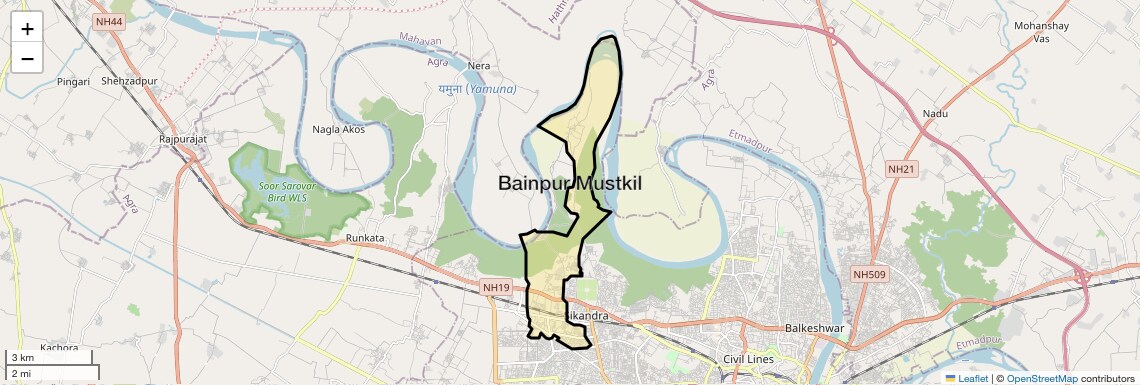 Location Map of Bainpur Mustkil, Agra