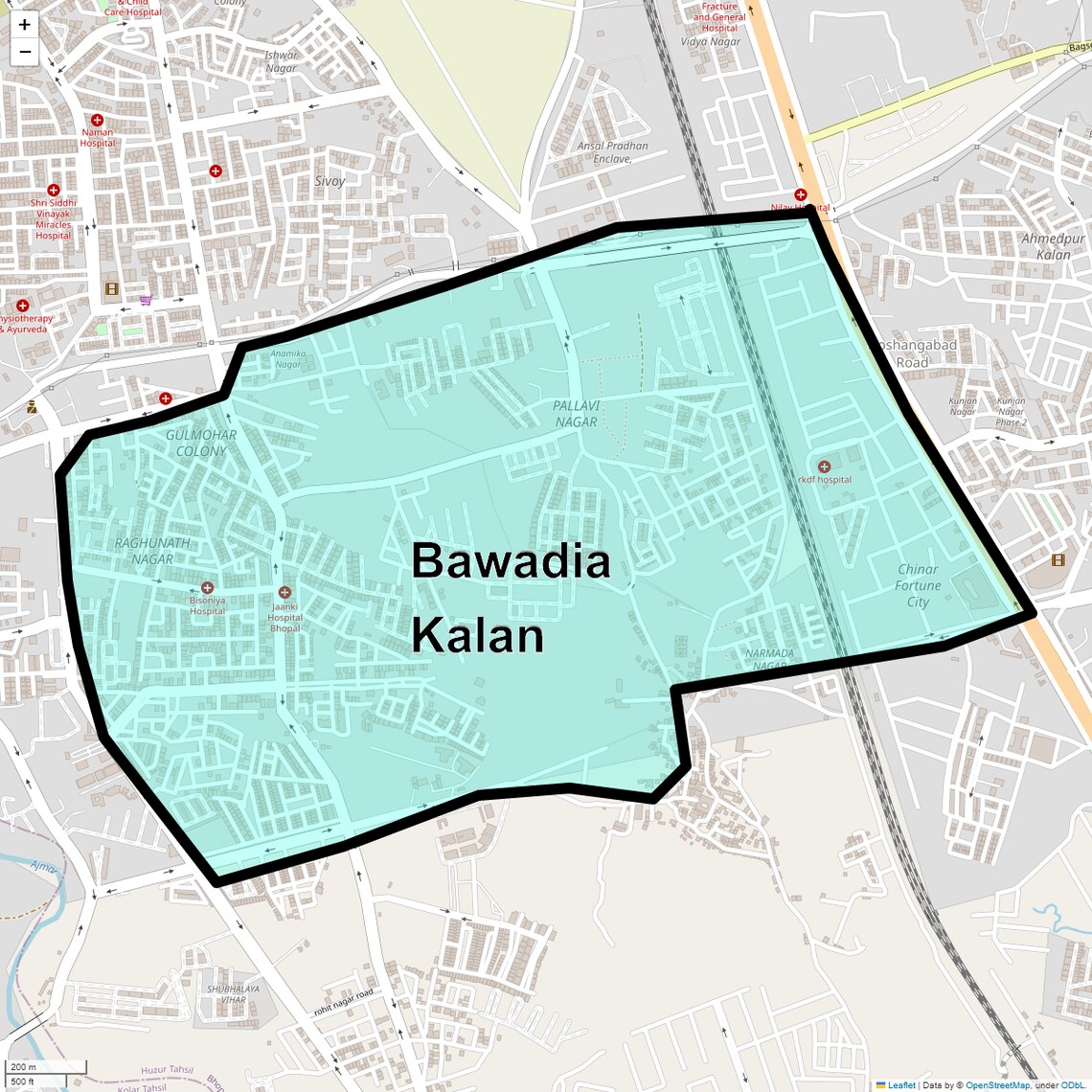Location Map of Bawadia Kalan, Bhopal