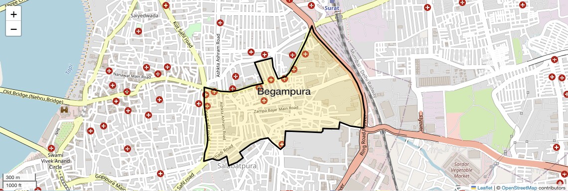 Location Map of Begampura, Surat