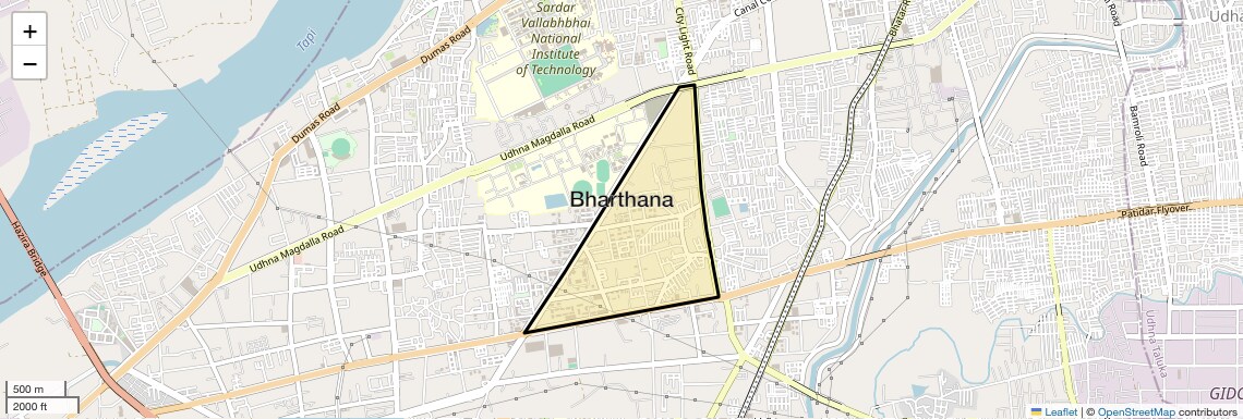 Location Map of Bharthana, Surat