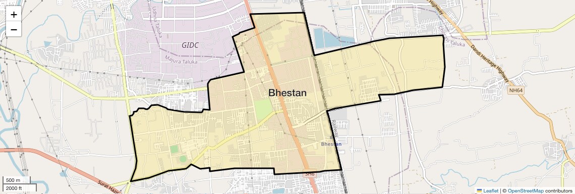 Location Map of Bhestan, Surat