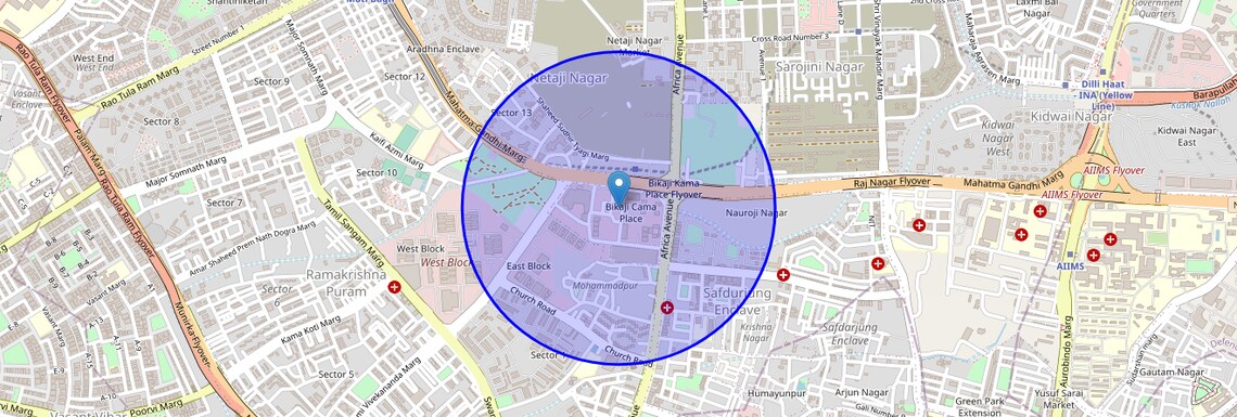 Location Map of Bhikaji Cama Place, Delhi