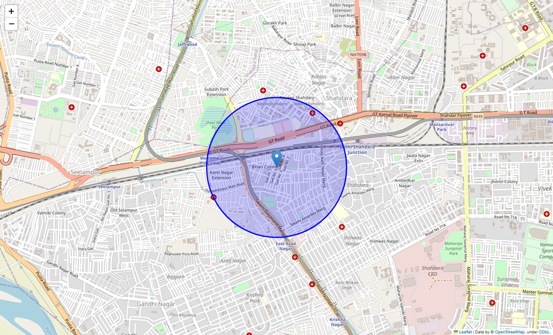 Location Map of Bihari Colony, Delhi