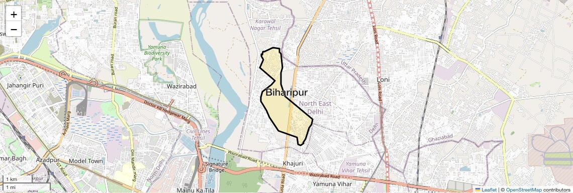 Location Map of Biharipur, Delhi