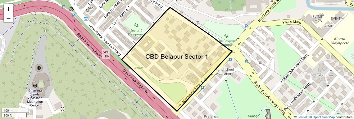Location Map of CBD Belapur Sector 1, Navi Mumbai