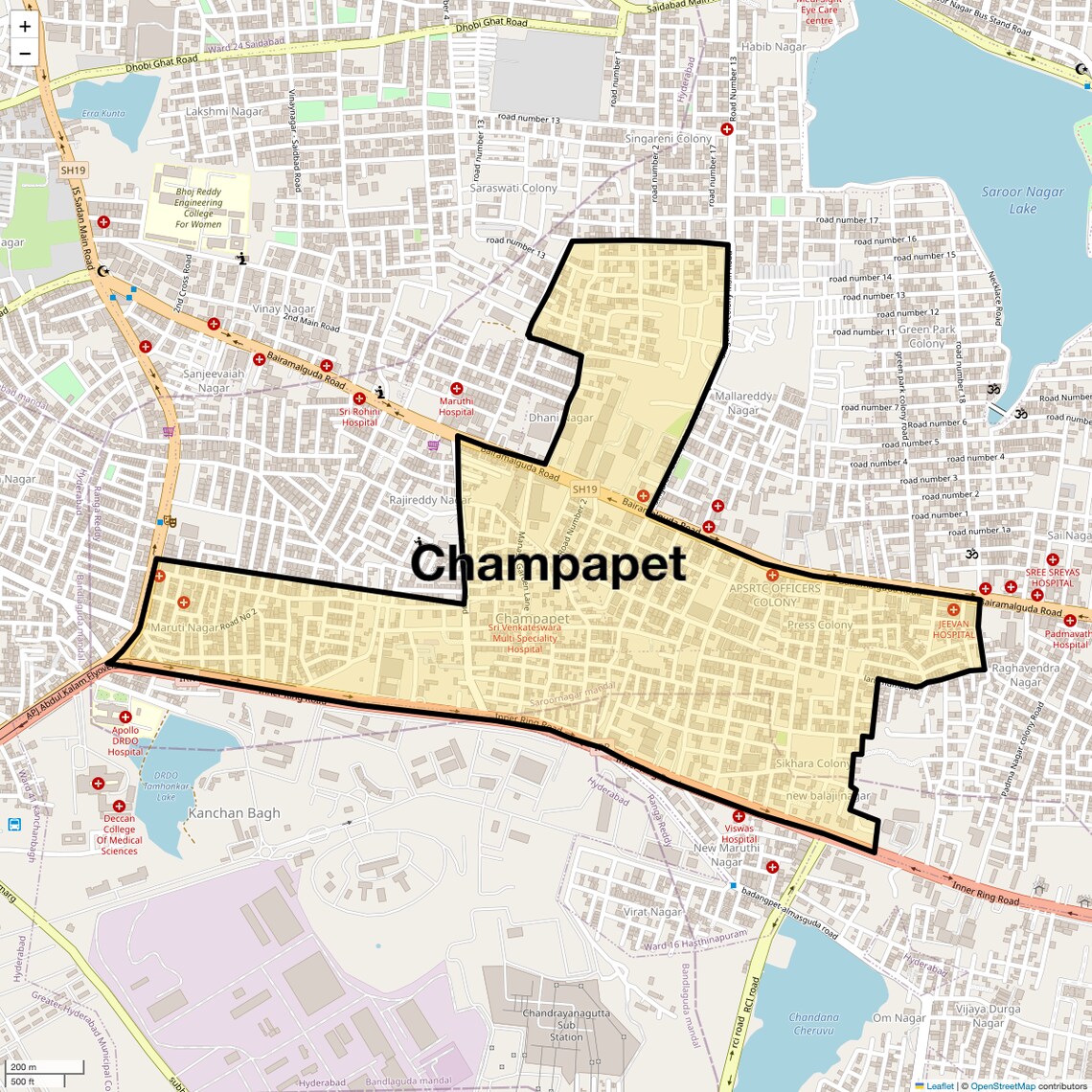 Location Map of Champapet, Hyderabad