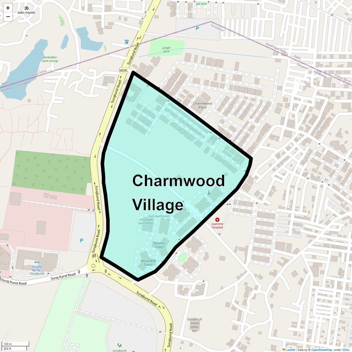 Location Map of Charmwood Village, Faridabad