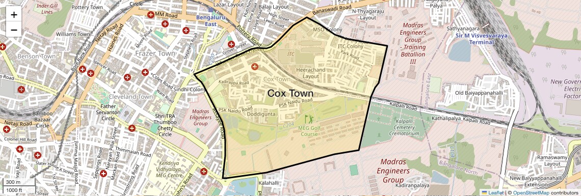 Location Map of Cox Town, Bangalore
