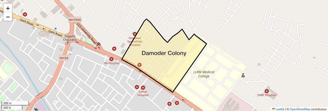 Location Map of Damoder Colony, Meerut
