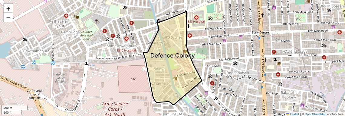 Location Map of Defence Colony, Bangalore