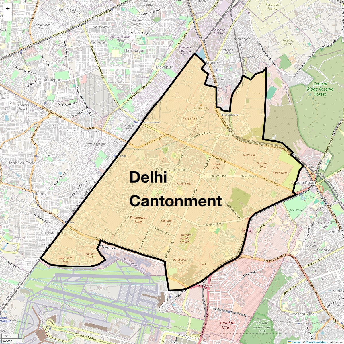 Location Map of Delhi Cantonment, Delhi
