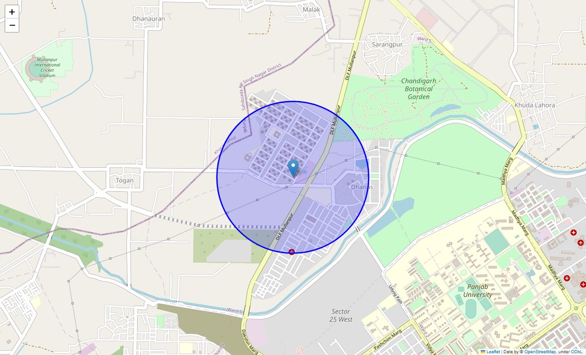 Location Map of Dhanas, Chandigarh