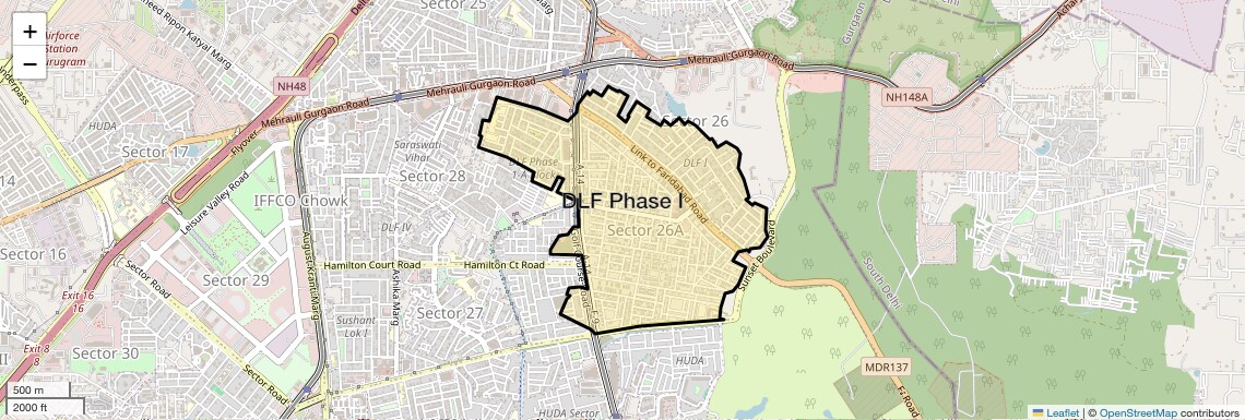 Location Map of DLF Phase I, Gurgaon