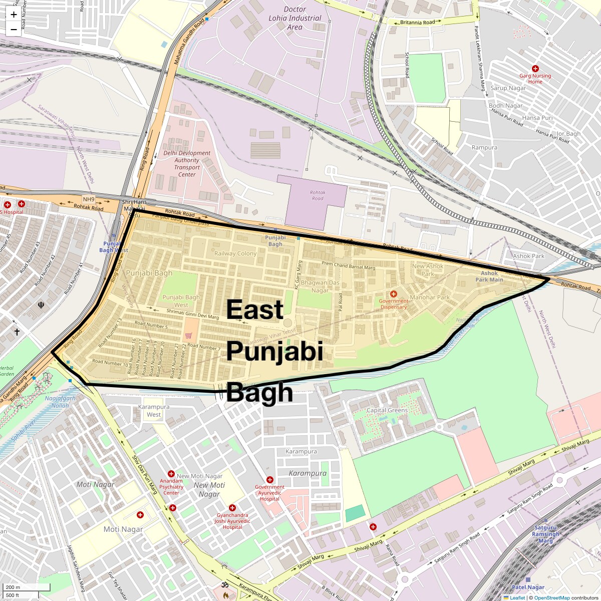 Location Map of East Punjabi Bagh, Delhi