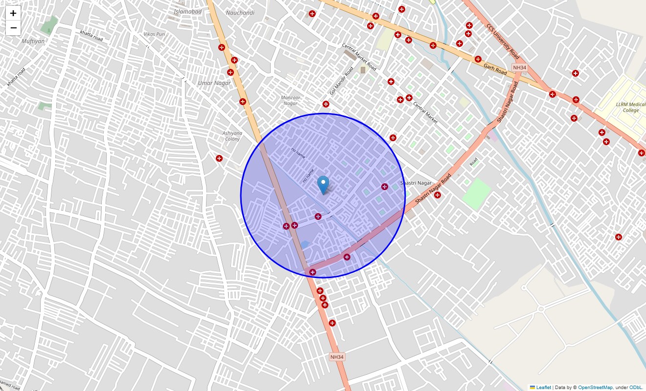 Location Map of Gandhi Market, Meerut