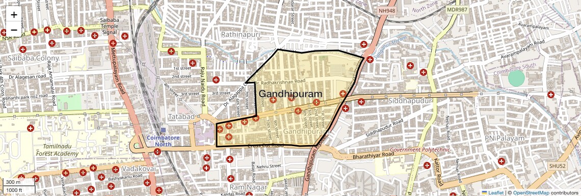 Location Map of Gandhipuram, Coimbatore