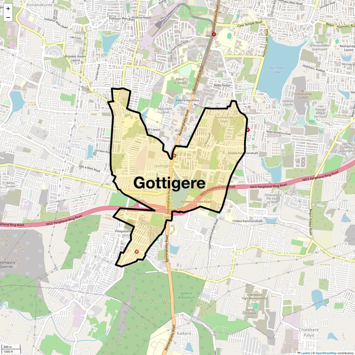 Location Map of Gottigere, Bangalore