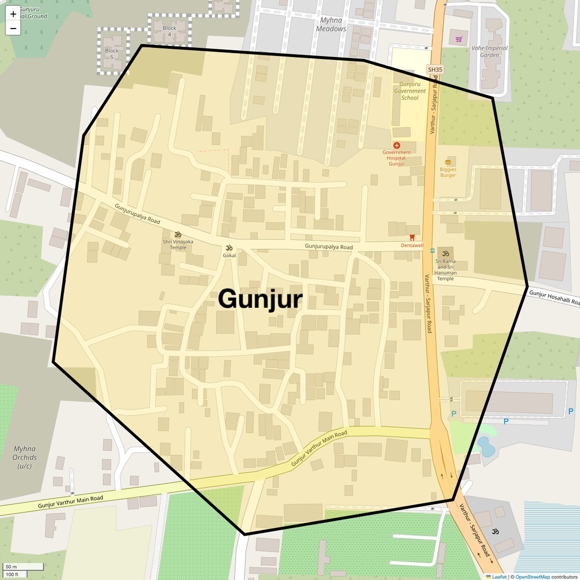 Location Map of Gunjur, Bangalore