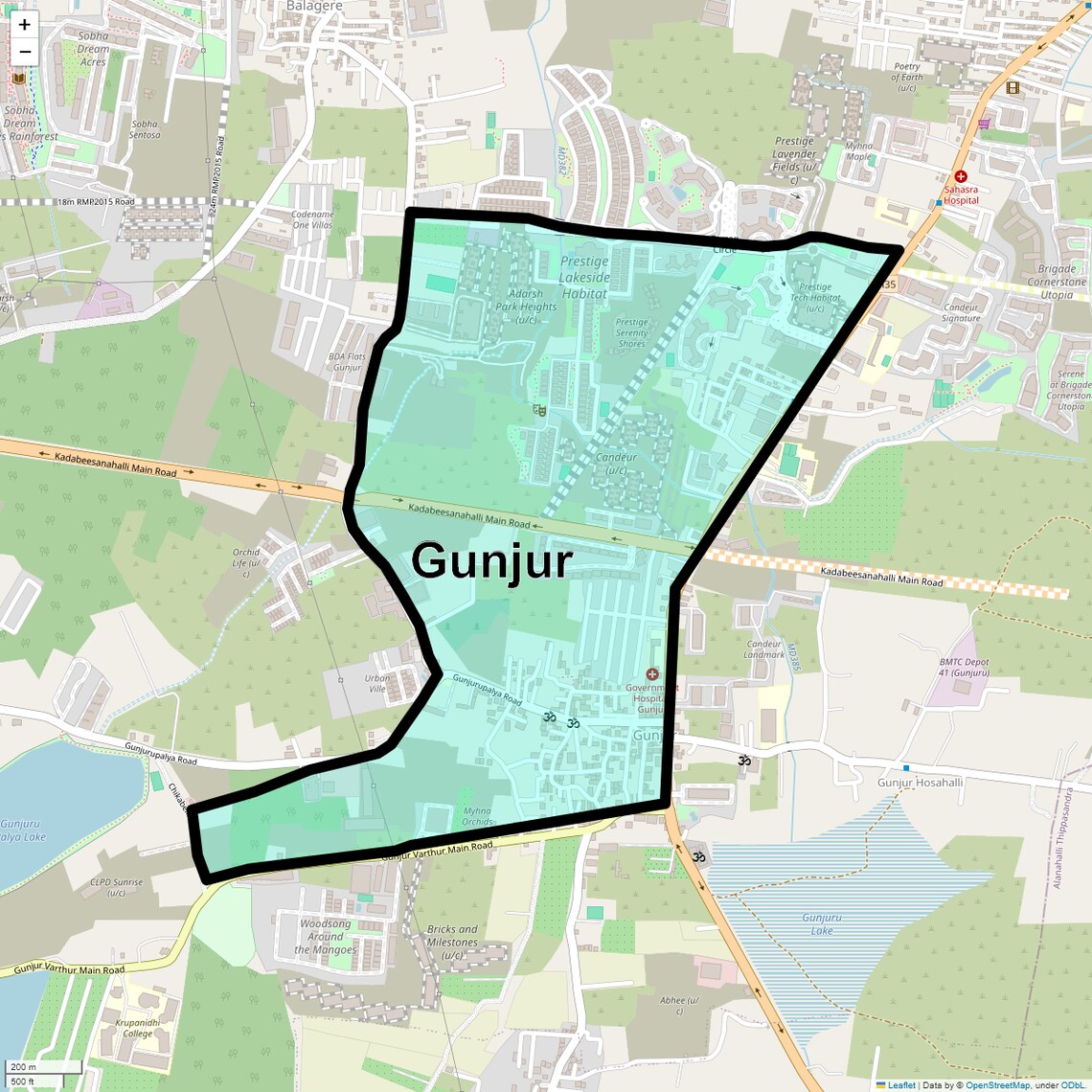 Location Map of Gunjur, Bangalore