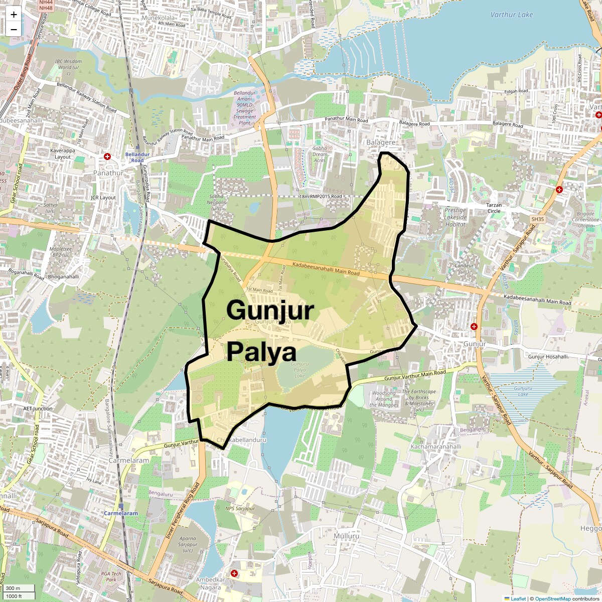 Location Map of Gunjur Palya, Bangalore