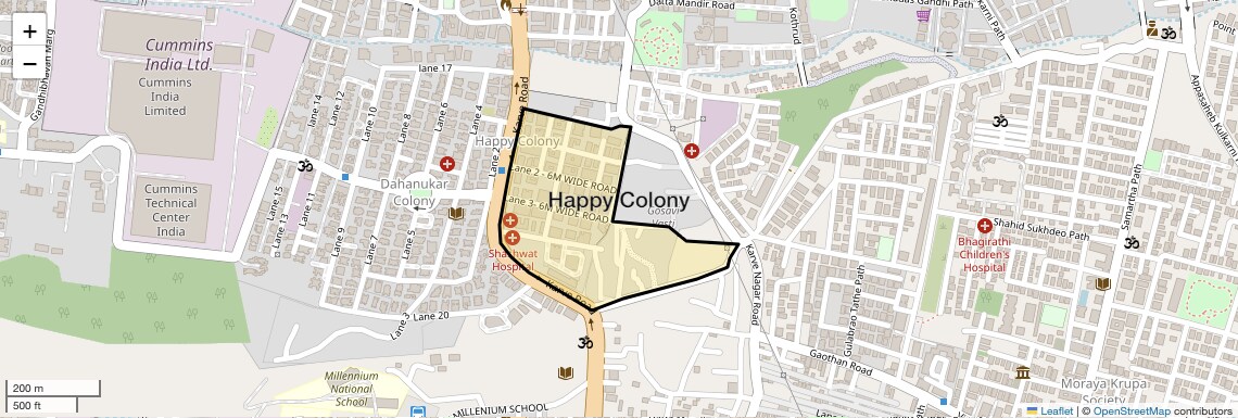 Location Map of Happy Colony, Pune