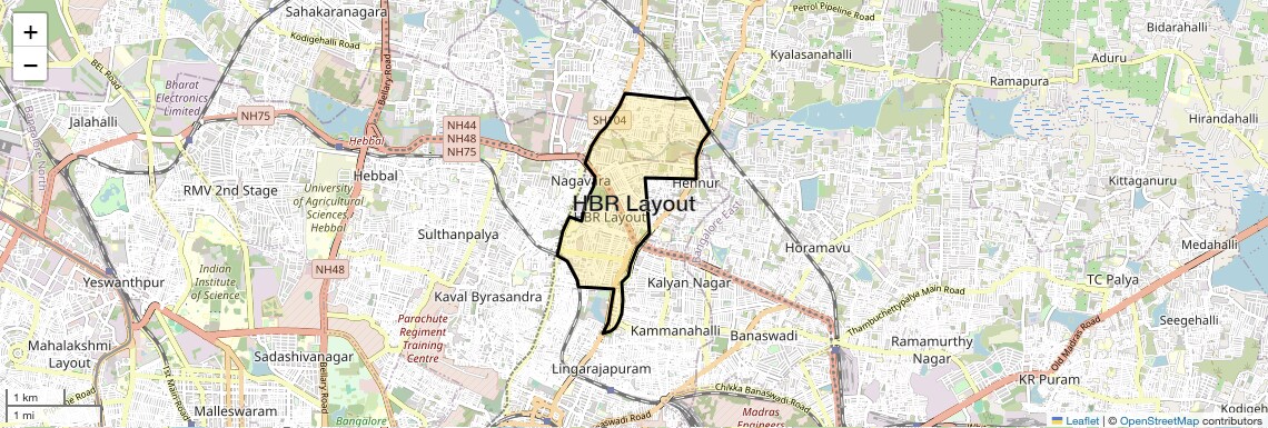 Location Map of HBR Layout, Bangalore
