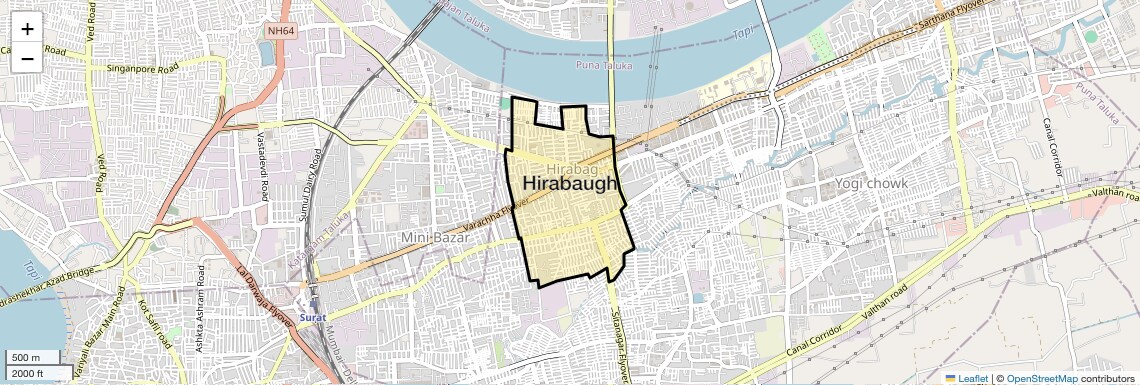 Location Map of Hirabaugh, Surat