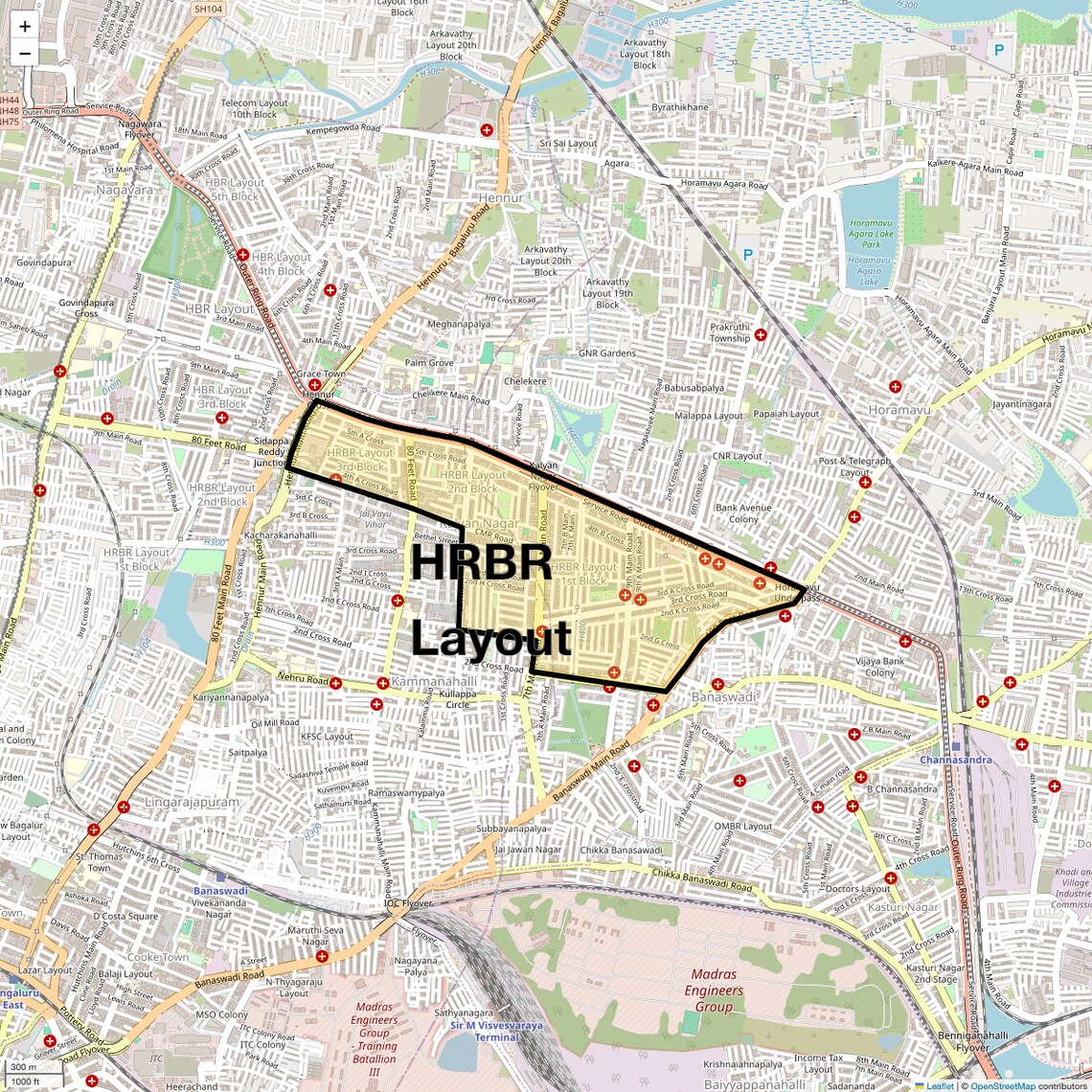 Location Map of HRBR Layout, Bangalore