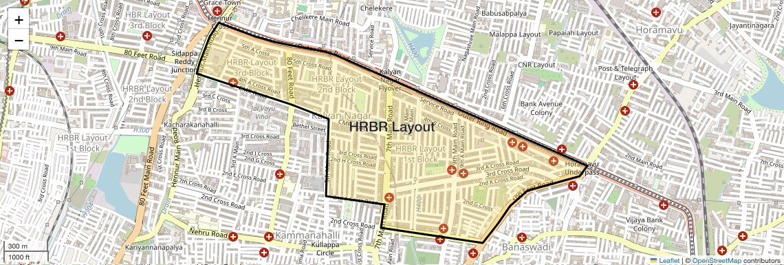Location Map of HRBR Layout, Bangalore