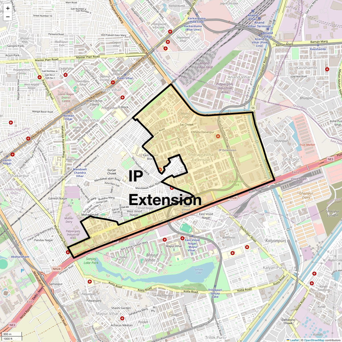 Location Map of IP Extension, Delhi