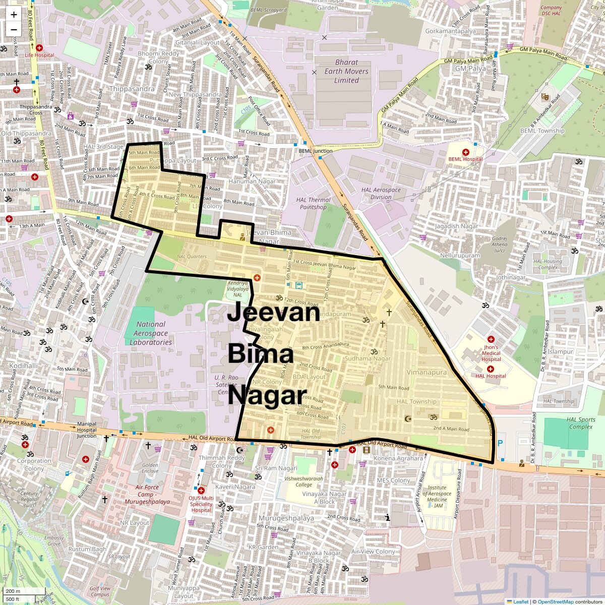 Location Map of Jeevan Bima Nagar, Bangalore