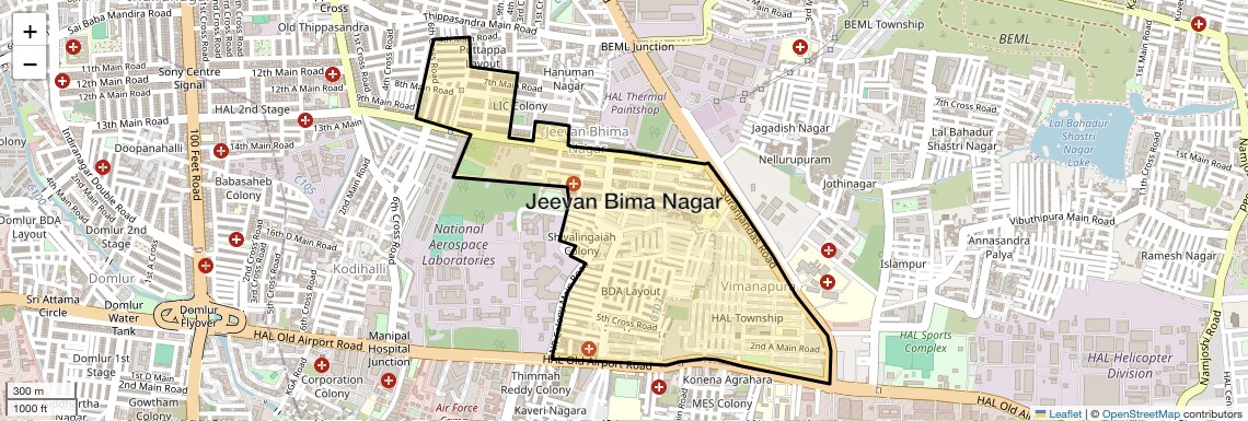 Location Map of Jeevan Bima Nagar, Bangalore