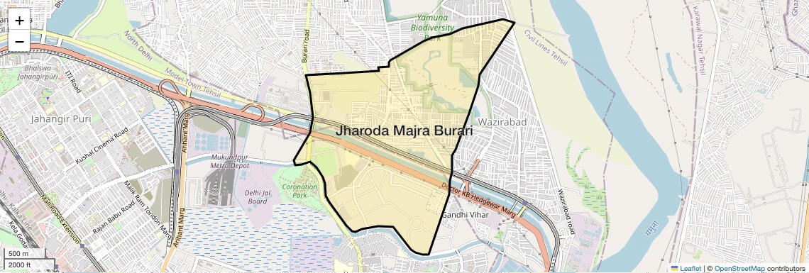 Location Map of Jharoda Majra Burari, Delhi