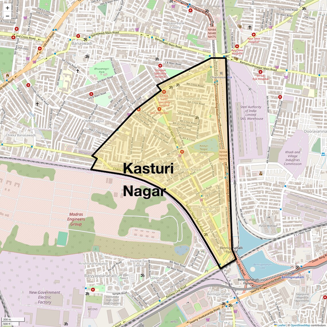 Location Map of Kasturi Nagar, Bangalore