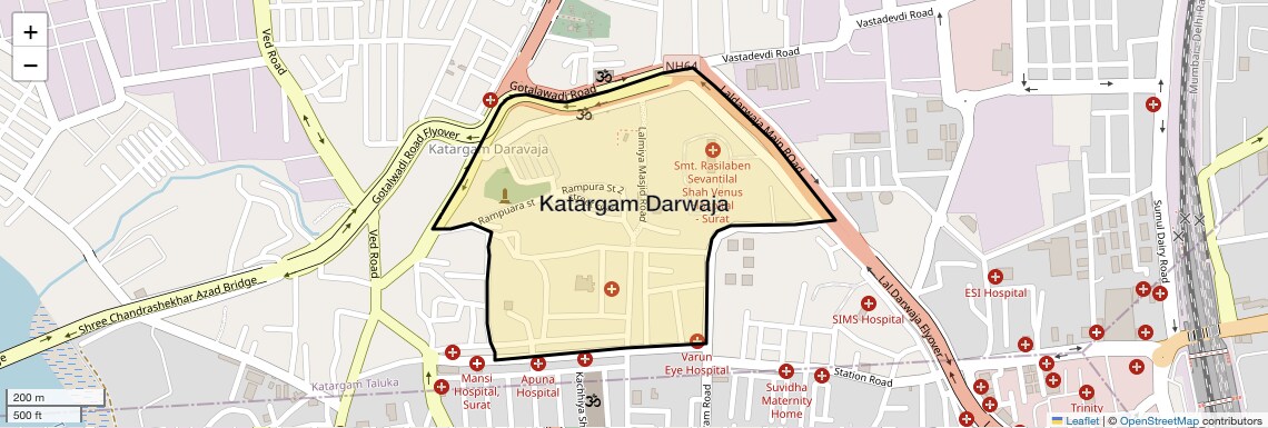 Location Map of Katargam Darwaja, Surat